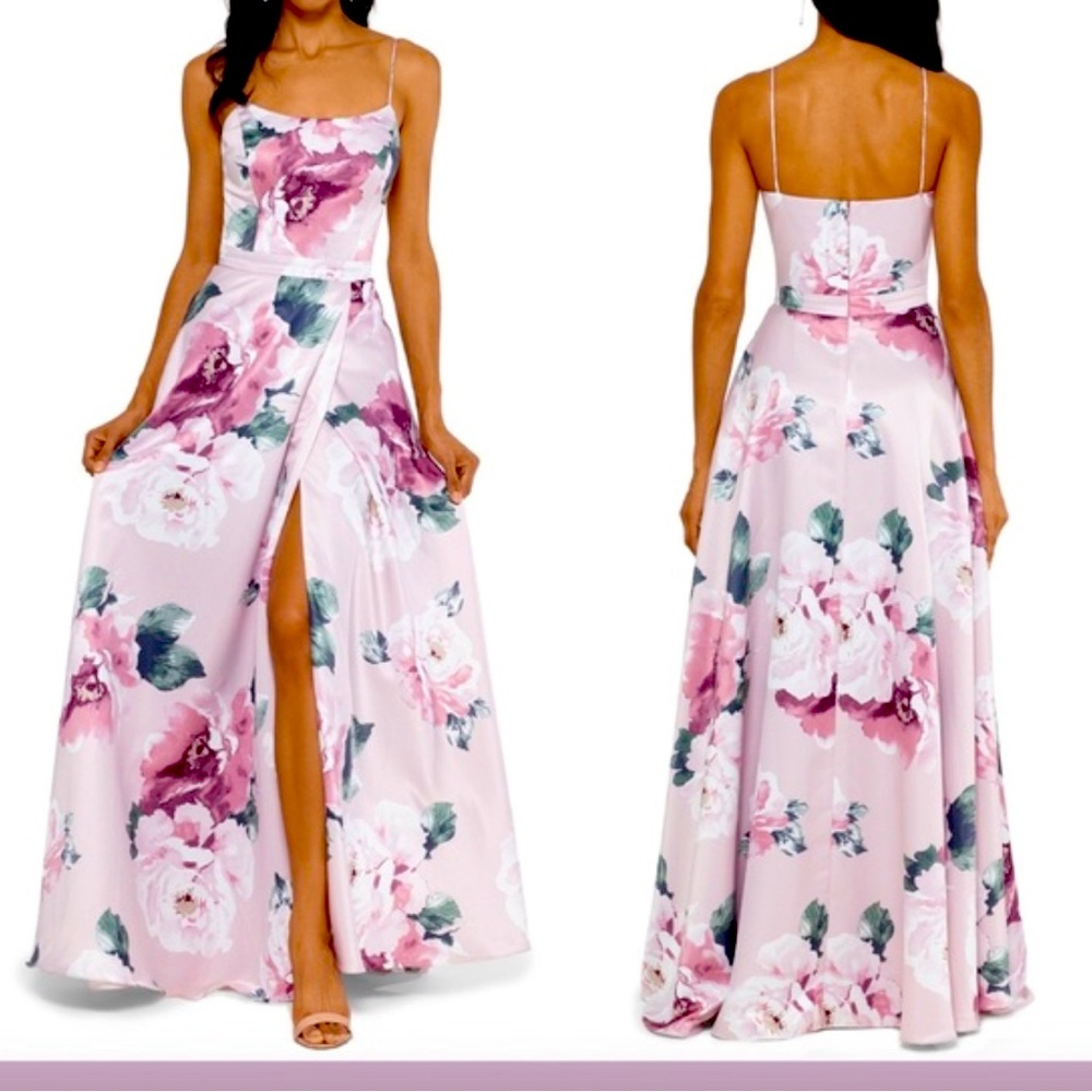 Floral print satin ballgown with slit and pockets